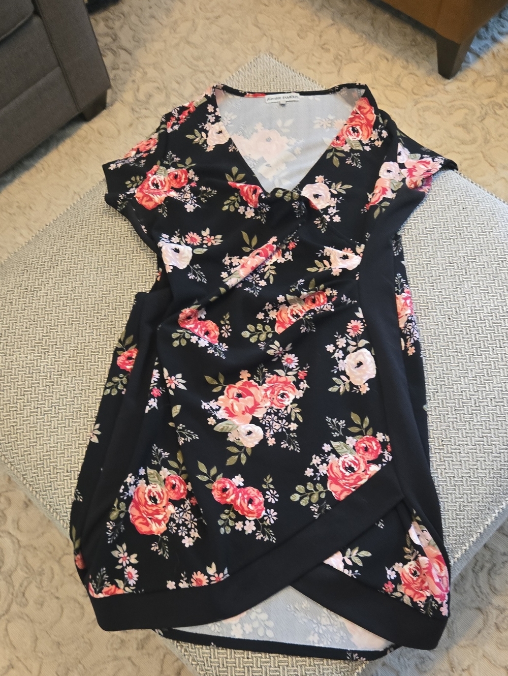 Almost Famous Black Floral Midi Dress with Pink and White Roses